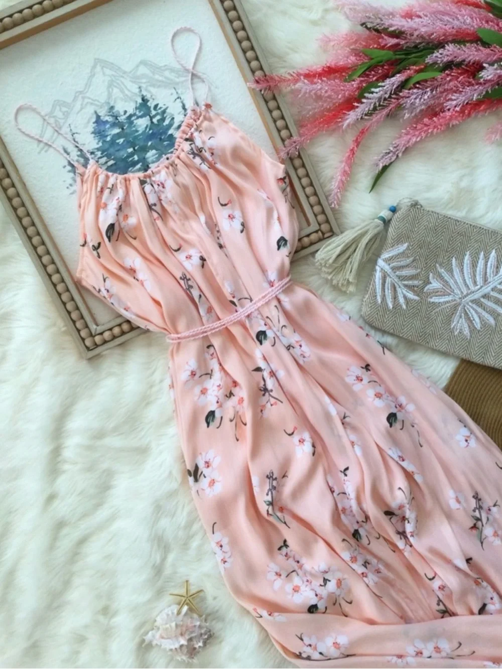 XS/S Abercrombie & Fitch Peach Floral Gecko Lizard Maxi Dress Western Boho